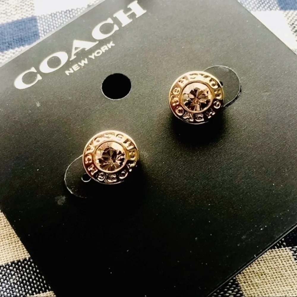 Coach Gold Crystal Stud Earrings Logo Rim Sparkle NWT - Picture 2 of 3